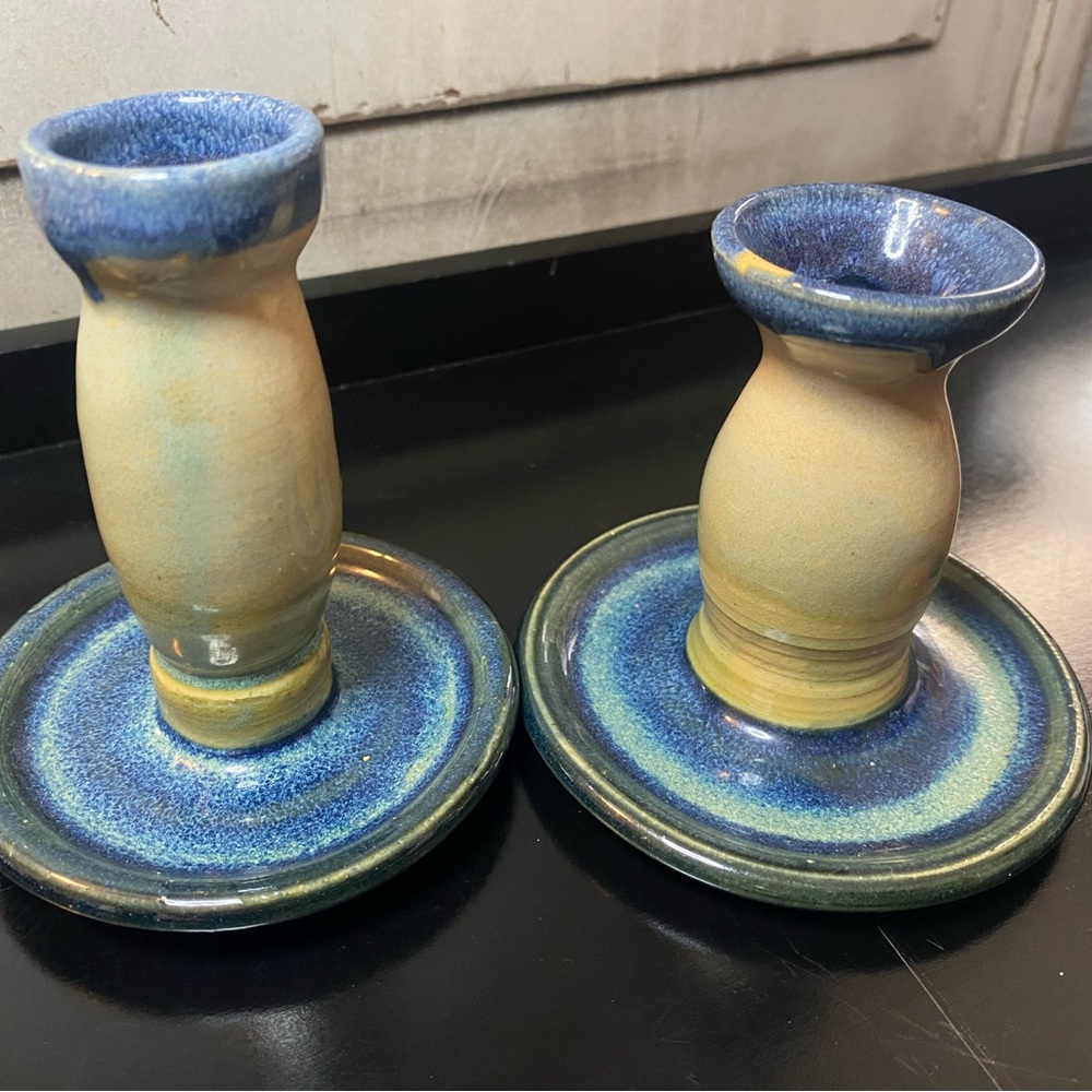 Handmade Blue and Cream Ceramic Candle Holders - Set of 2